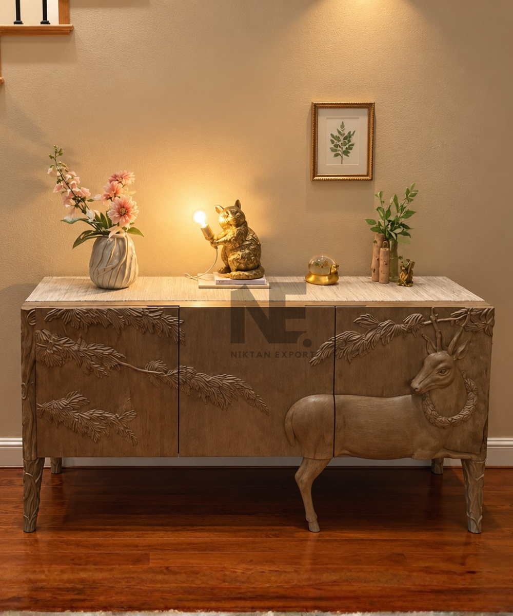 Close-up of deer carving on wooden cabinet front