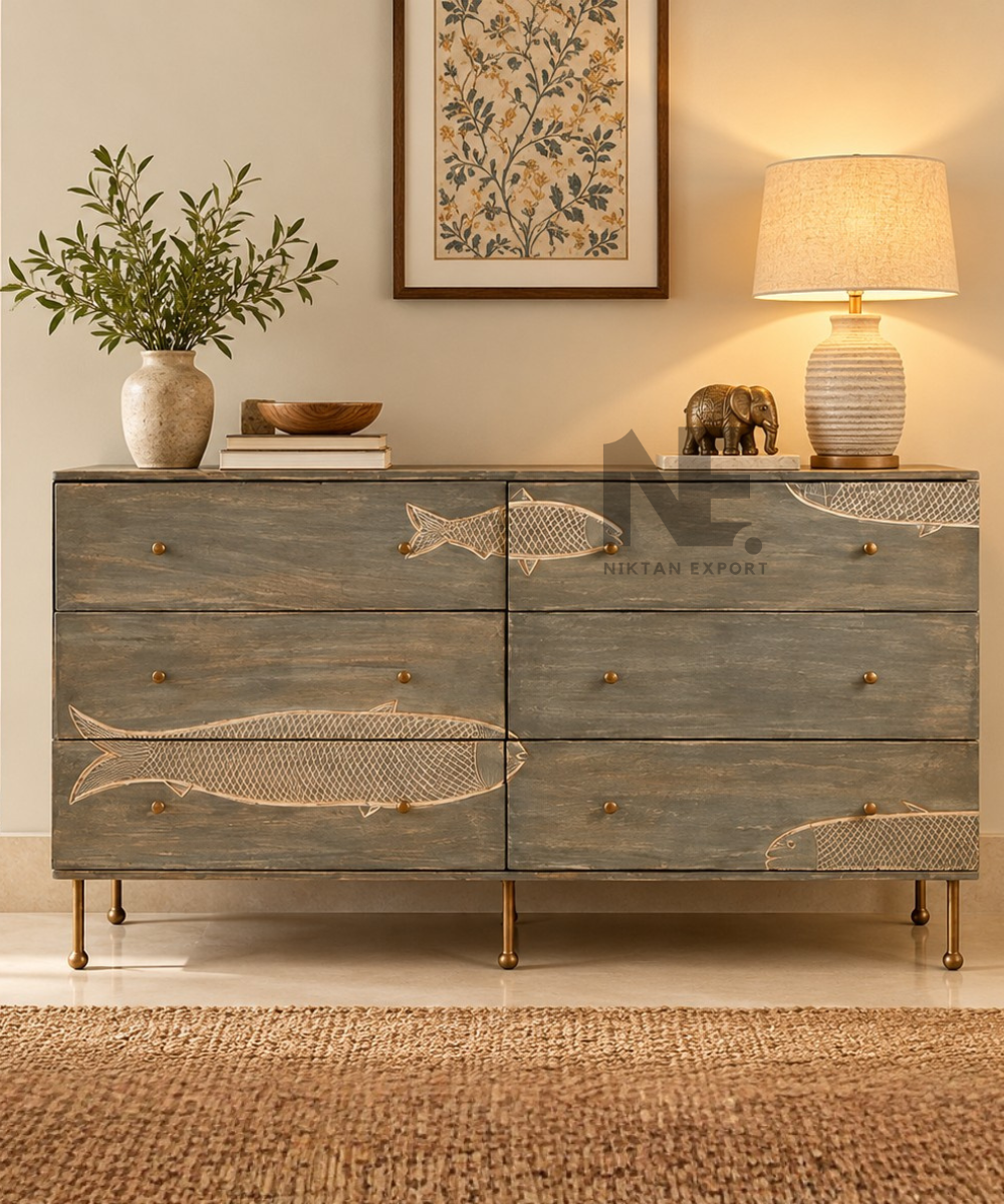 Fish motif wooden sideboard with six drawers