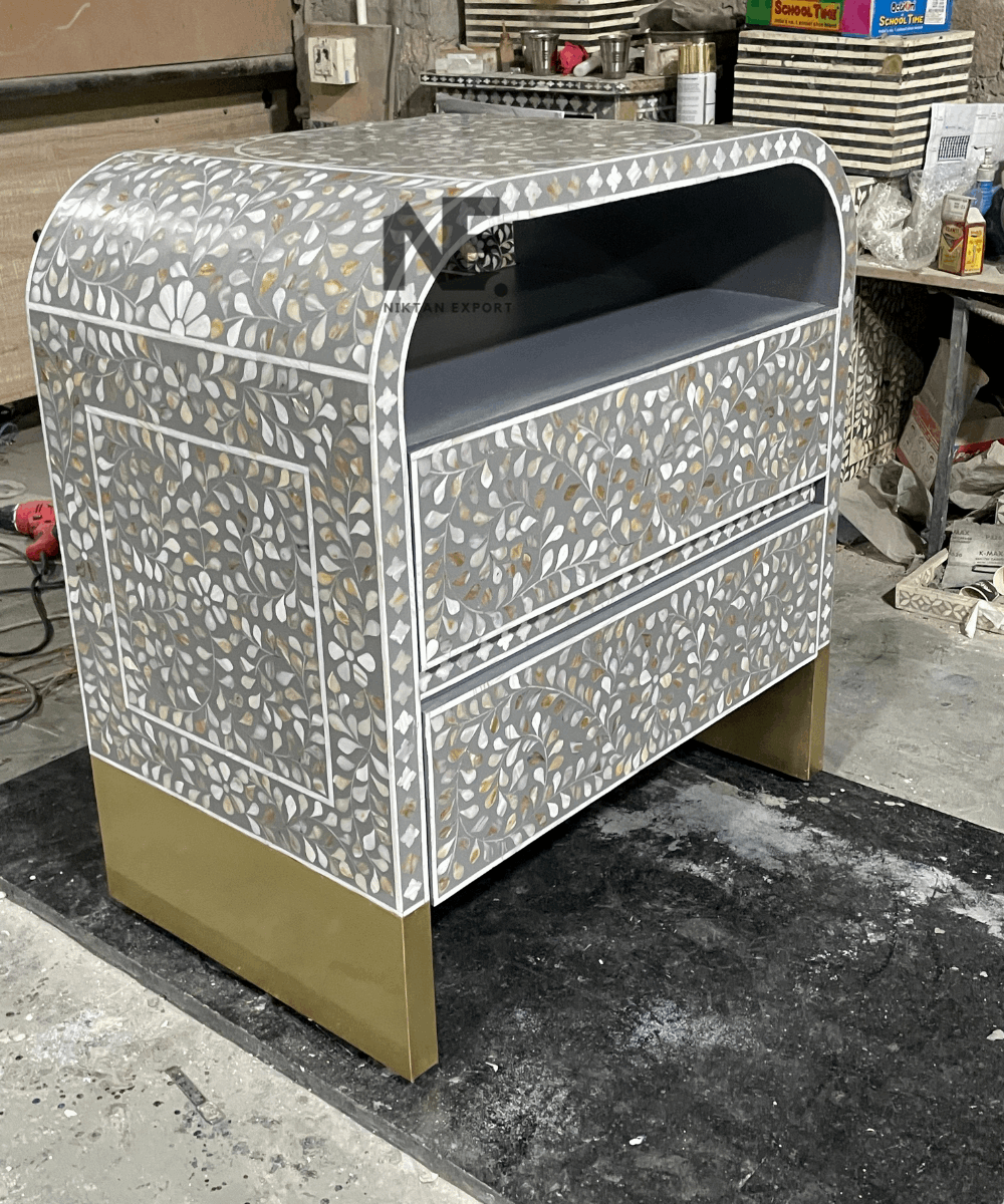 Side View of Handmade Mother of Pearl Nightstand in Grey