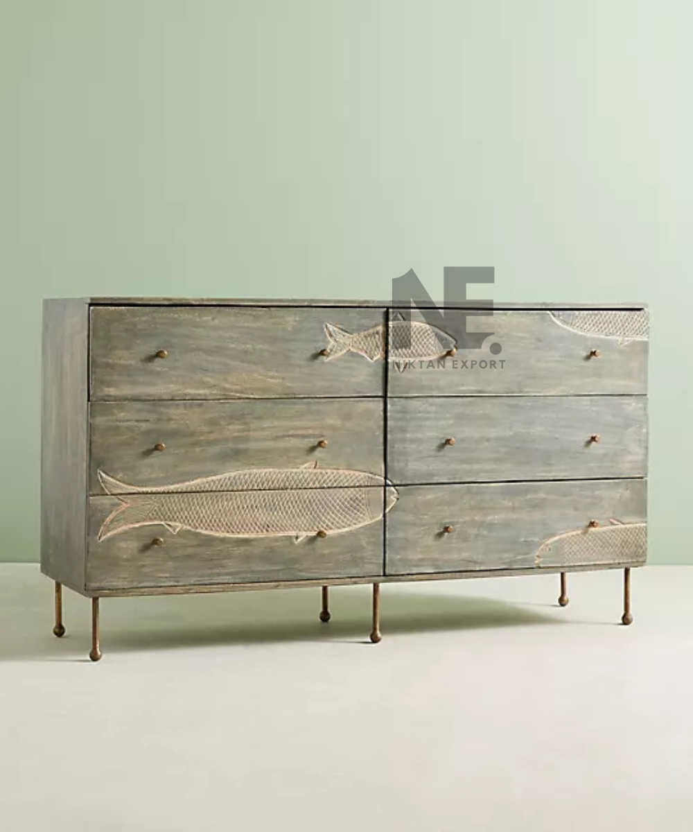 Front view of grey-brown sideboard with decorative fish designs