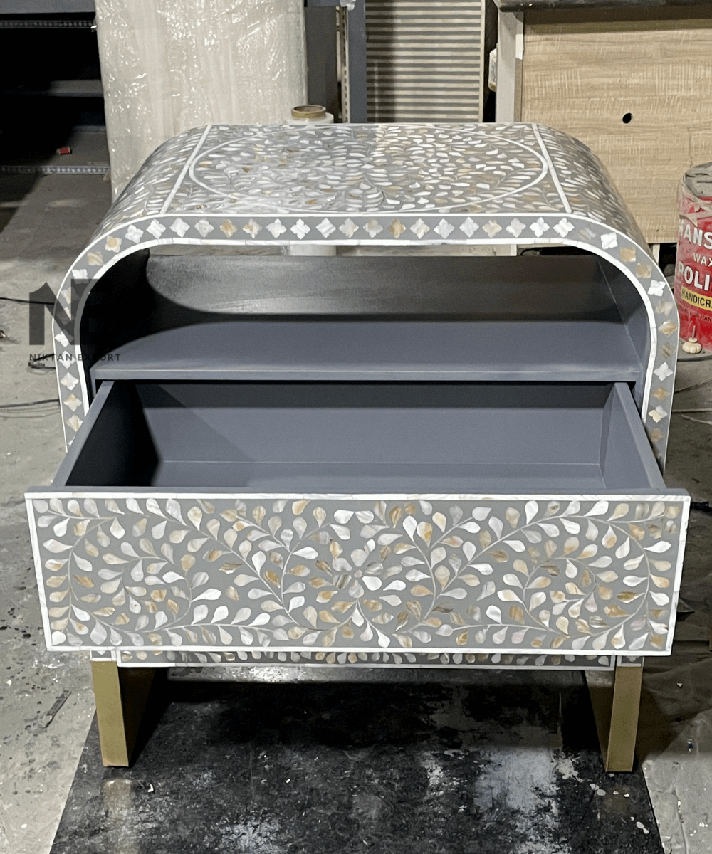 Open Drawers of Grey Mother of Pearl Nightstand