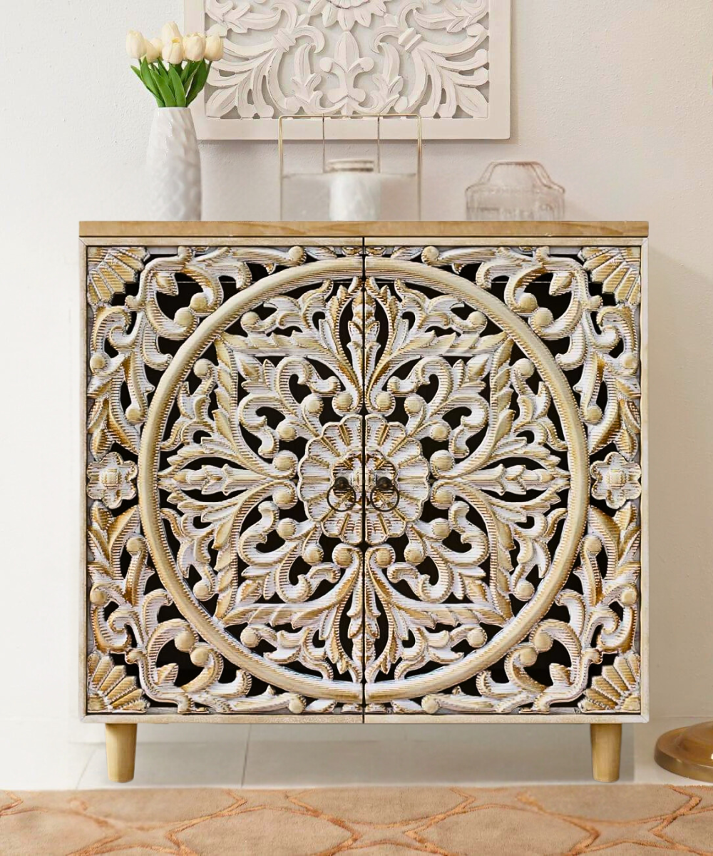 Handcarved Mango Wood Sideboard – antique white distressed finish
