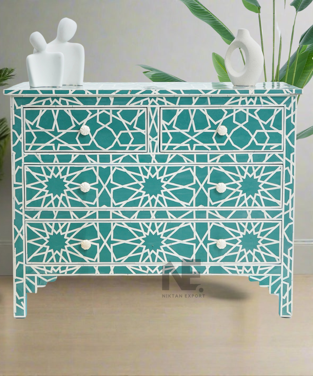 Front view of teal green bone inlay chest with Iberia design