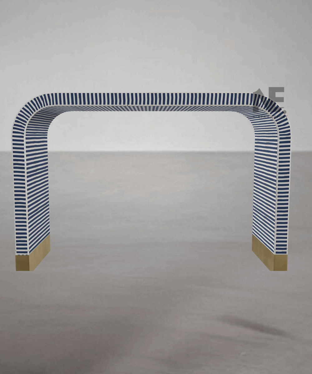 Full view of blue bone inlay waterfall console table