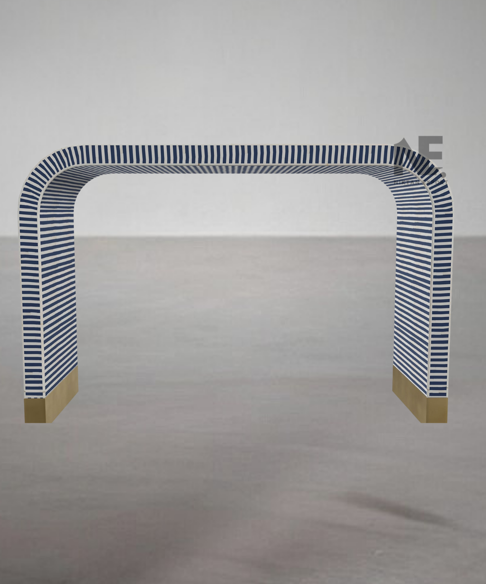 Full view of blue bone inlay waterfall console table