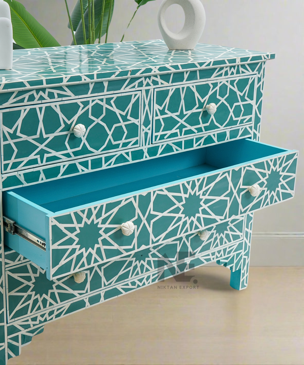 Close-up of intricate bone inlay floral pattern