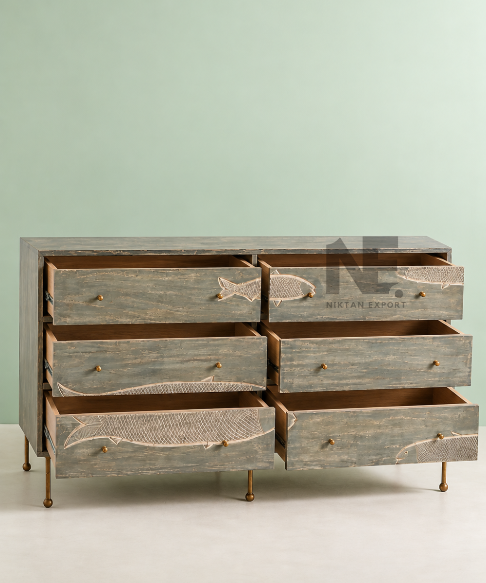 Wooden sideboard with fish patterned drawer fronts
