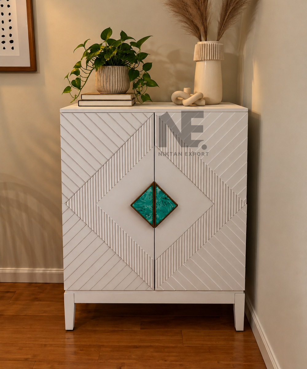 Geometric white cabinet with turquoise diamond accent