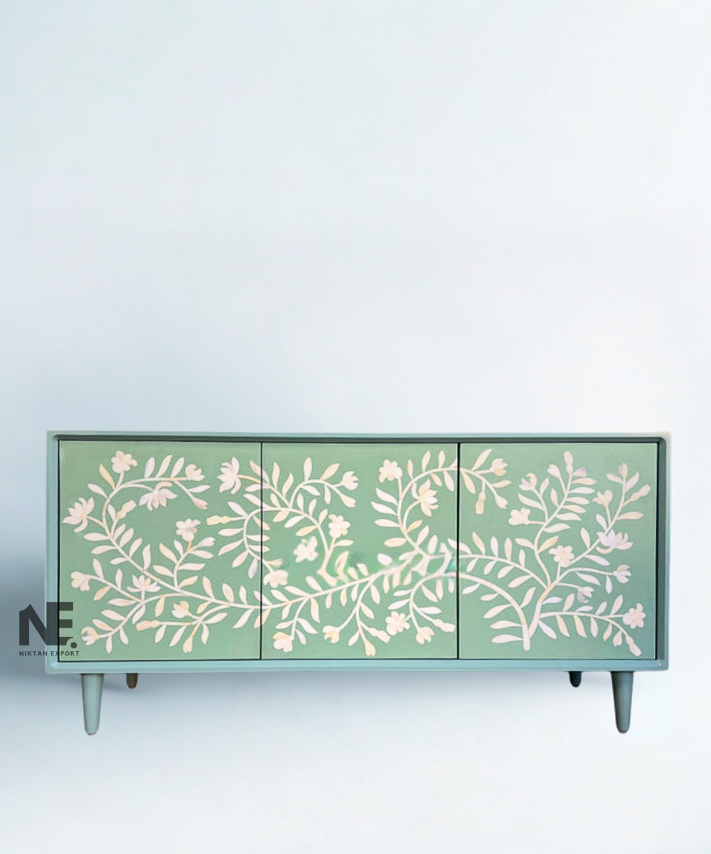 Sage Green Bone Inlay Media Console – Handcrafted Floral Entertainment Unit