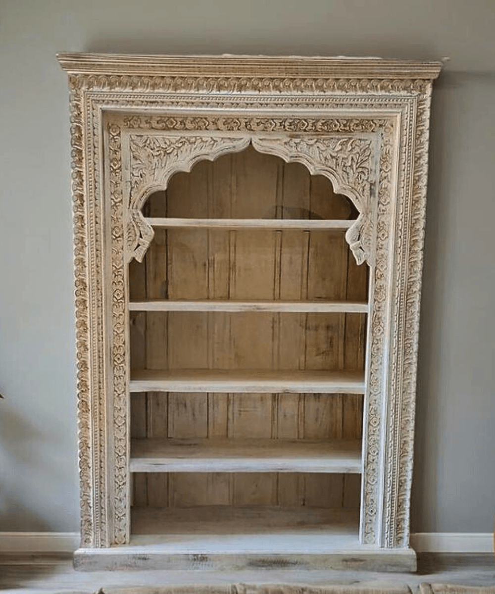 Niktan Export Rustic Carved Wooden Bookshelf with Distressed Finish - NikTan Export
Wooden Distress Carved Book Shelf – Full Front View