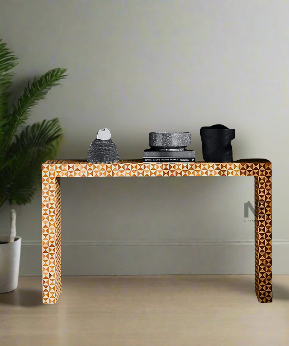 Full view of brown bone inlay console table