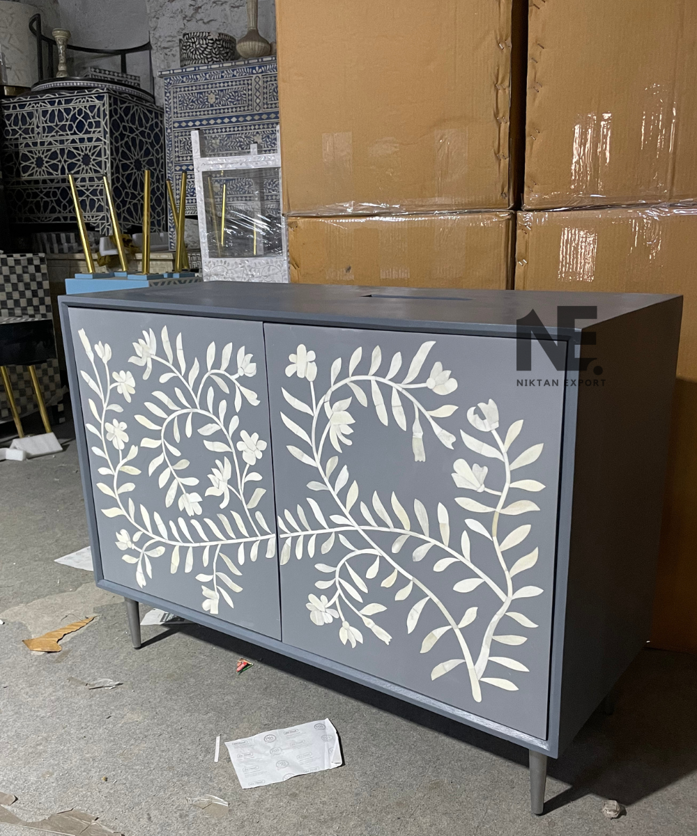 Bone Inlay Chest of Drawers with 2-Door Cabinet – Handcrafted in India