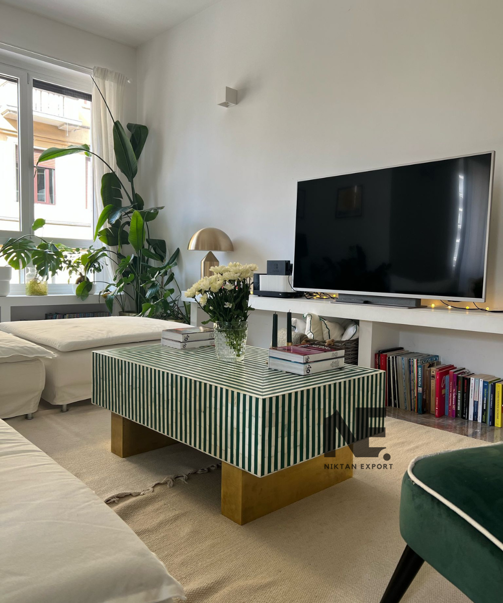 Angled shot of table with brass legs