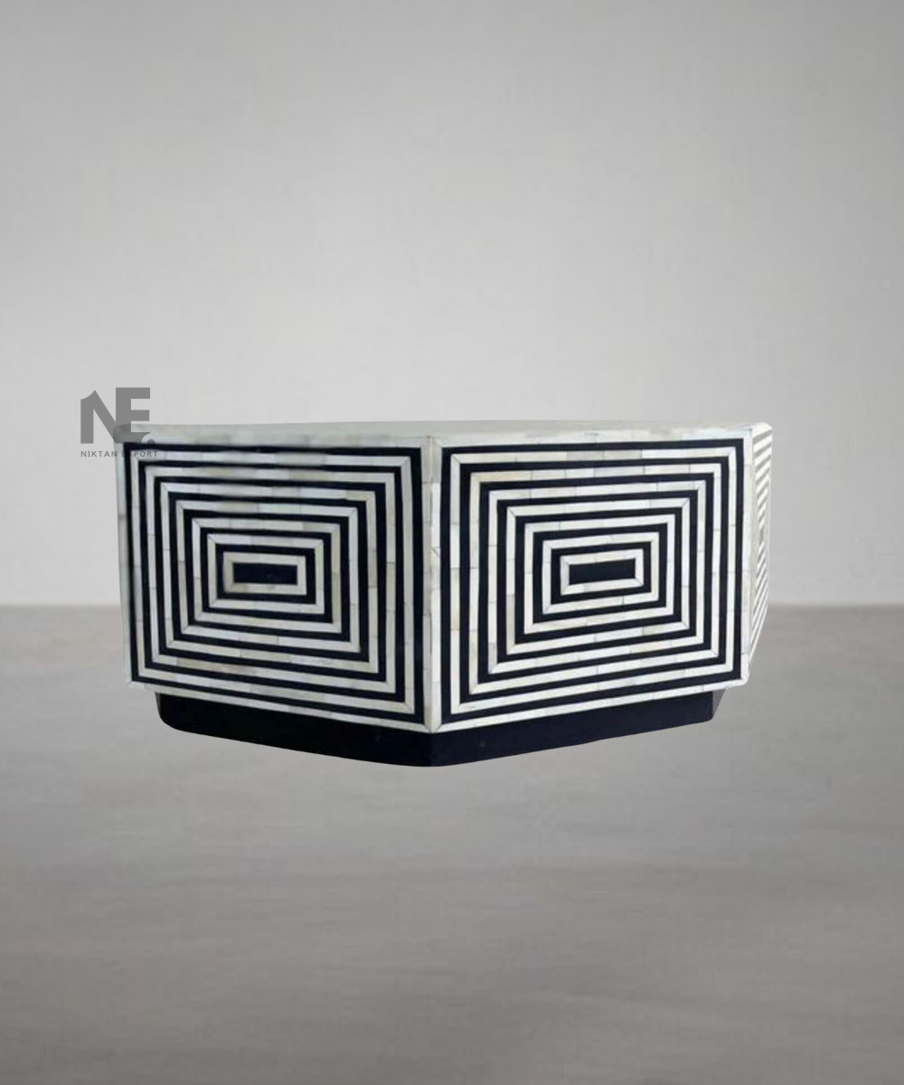 Close-up of camel bone and mother of pearl inlay pattern on coffee table