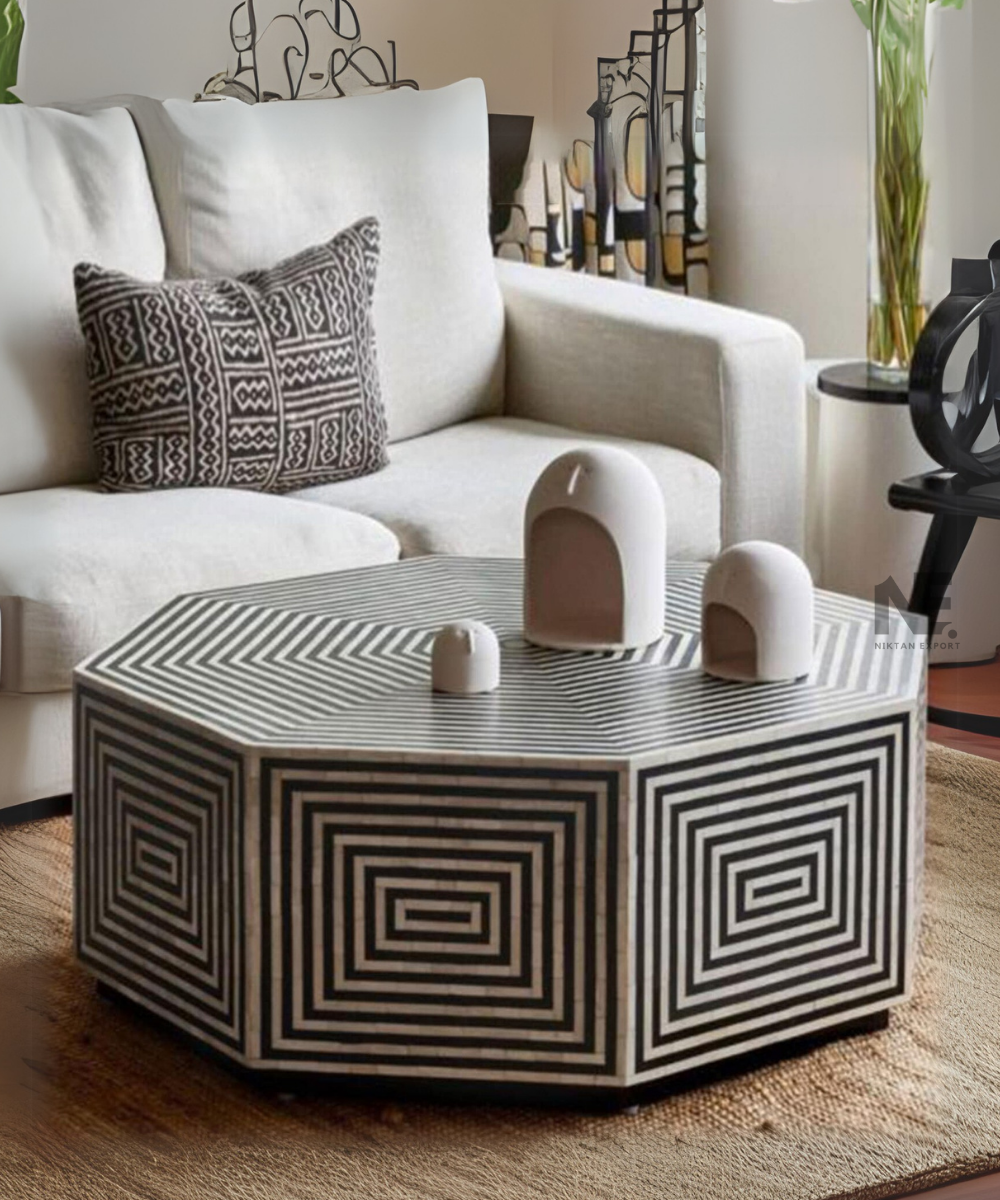 Hexagon bone inlay coffee table with black matte finish and brass base, front view