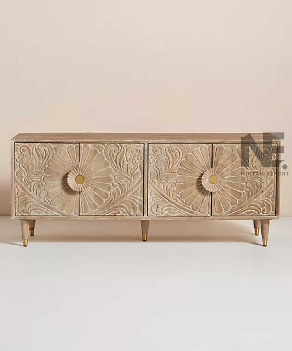 Front view of cream and beige floral sideboard