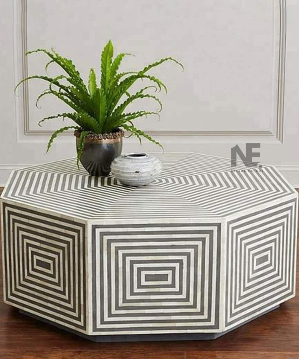 Handmade hexagon bone inlay coffee table in elegant grey finish