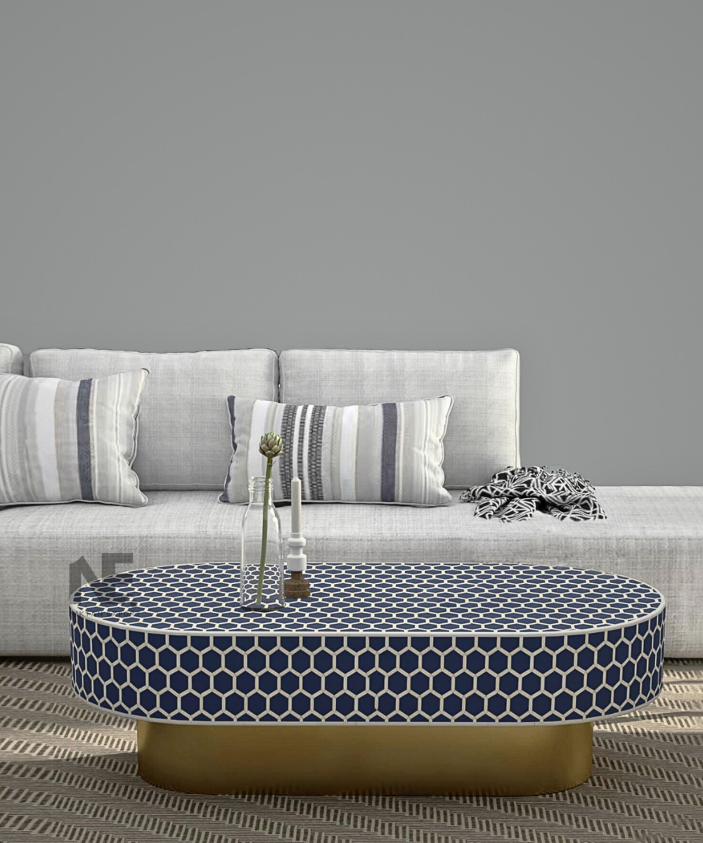 Honeycomb bone inlay coffee table in indigo with brass base – angled front view