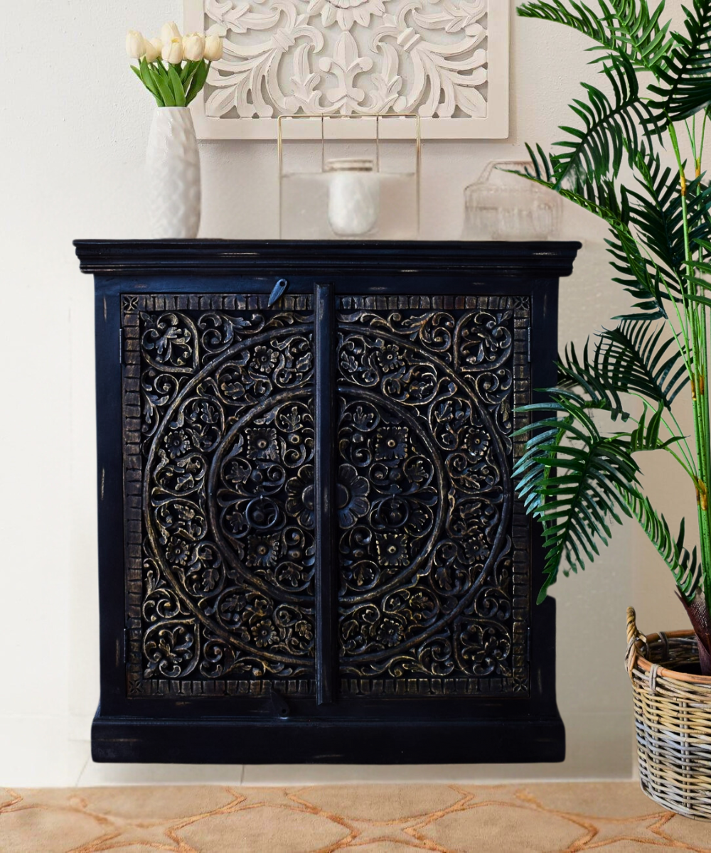 Handcarved Black Mood Sideboard – full front view with antique finish