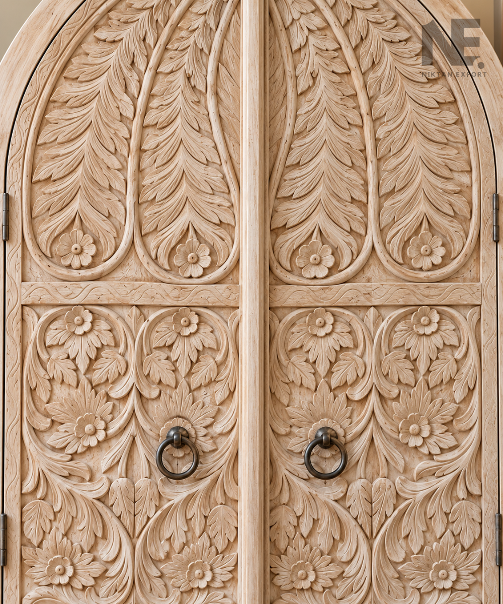 Close-up of floral and leafy carving on wooden armoire