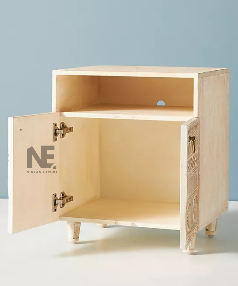 Cream accent cabinet with open upper storage shelf