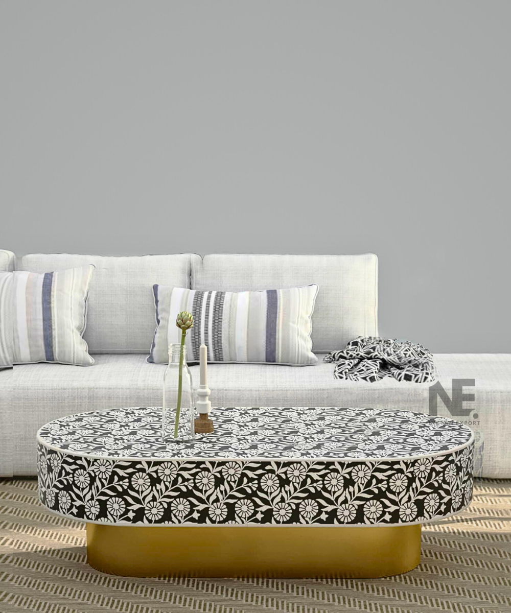 Sunflower bone inlay coffee table in black – front angled view