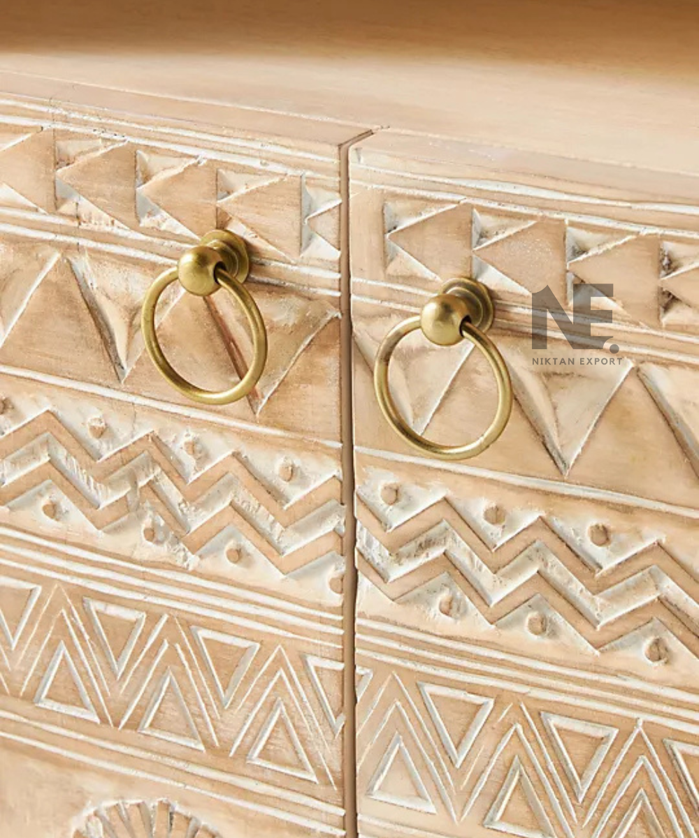 Distressed cream cabinet with geometric front detailing