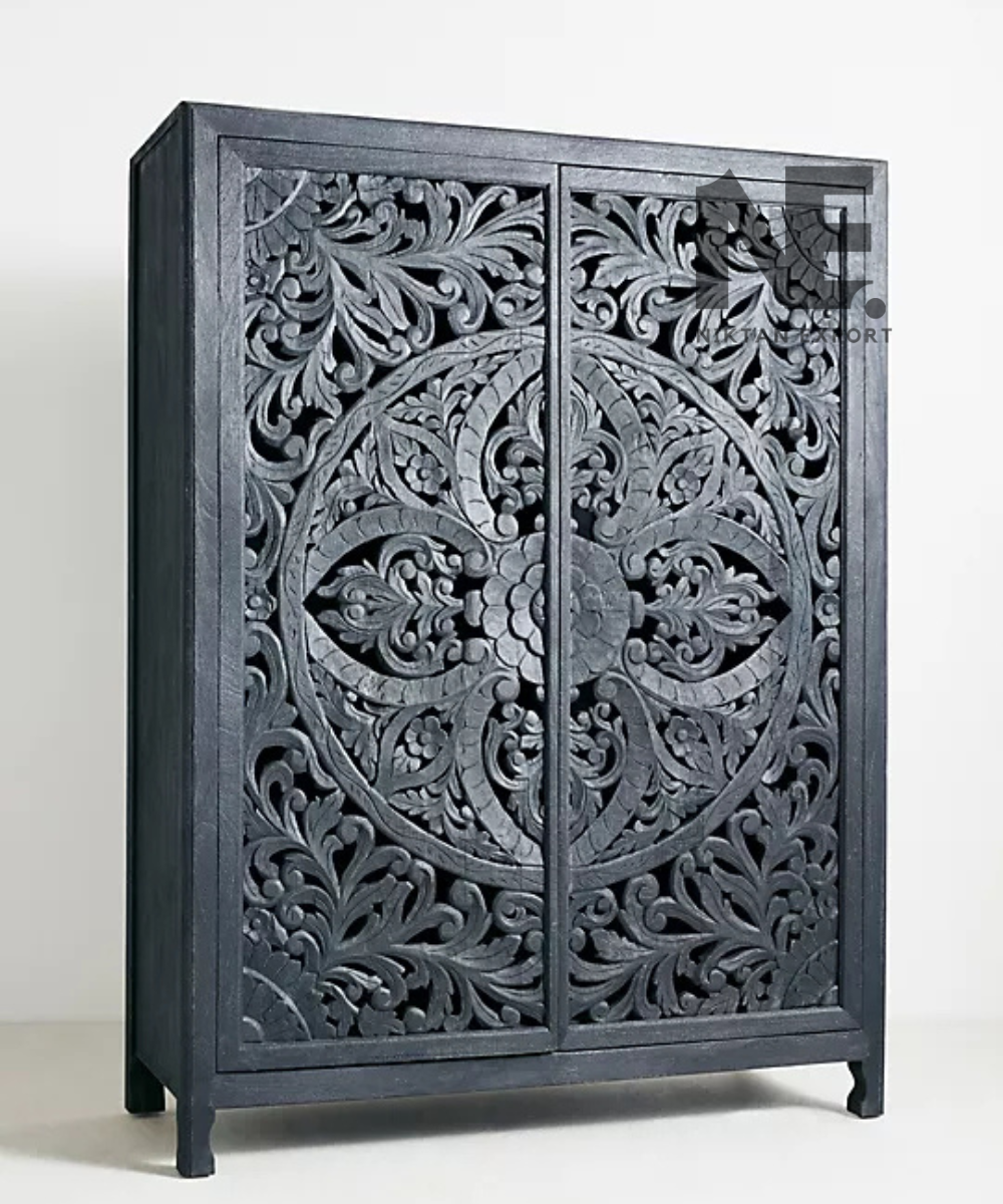 Black carved wooden cabinet with floral mandala doors