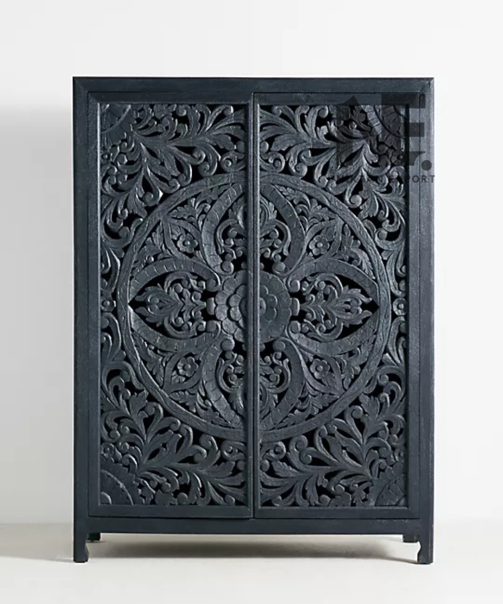 Dark charcoal cabinet with circular floral mandala carving