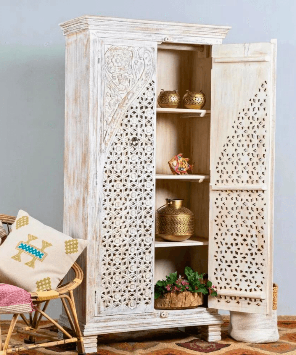 Wooden Carved Wardrobe Almirah front view in antique finish