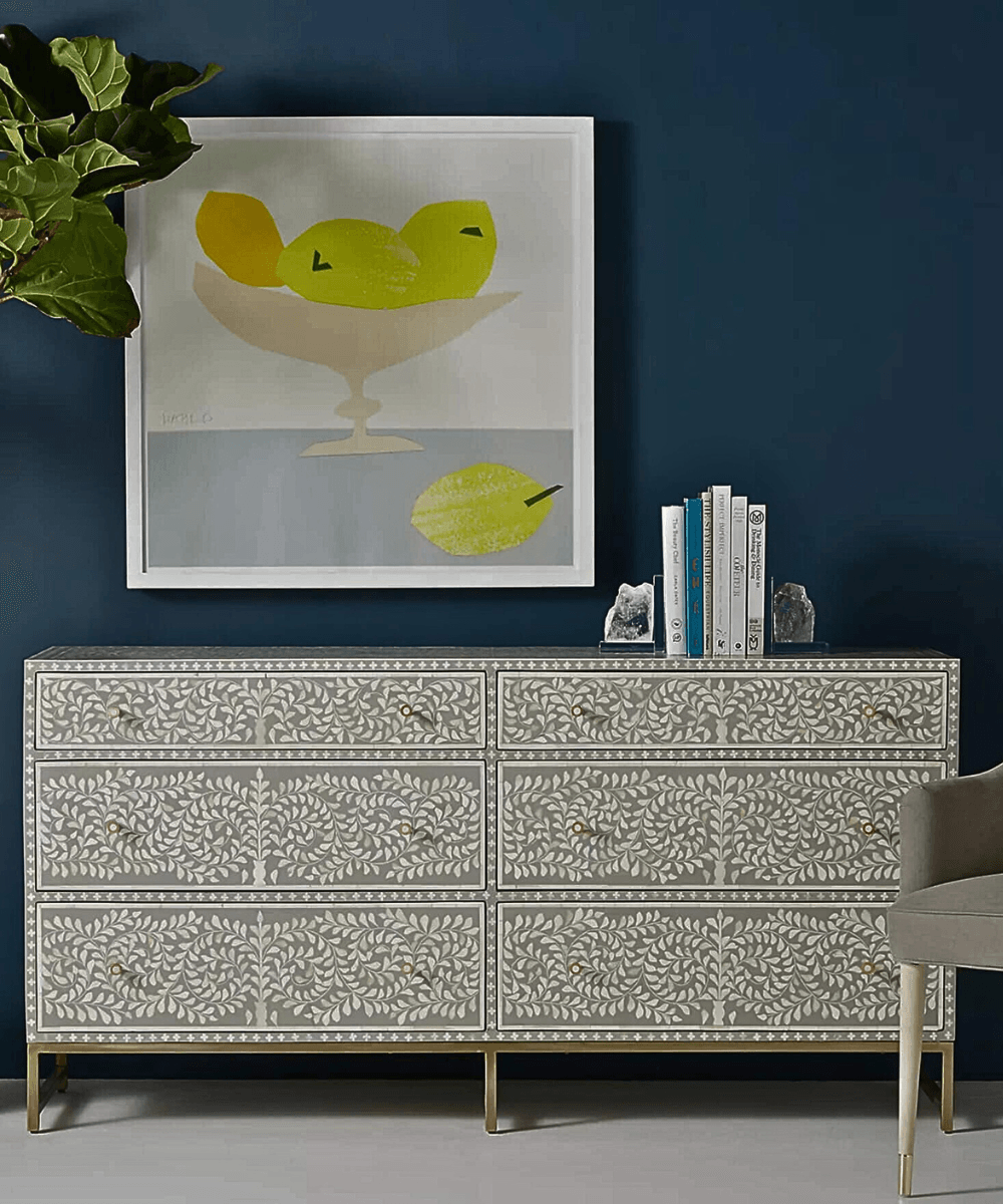 Niktan Export Grey Bone Inlay Chest of Drawers - NikTan Export
Grey Bone Inlay Chest of Drawers – Front view