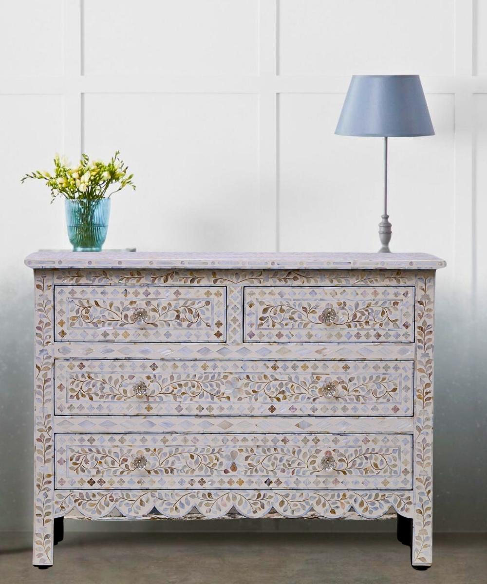 Niktan Export Mother Of Pearl 4 Chest of Drawers – Off White Floral Design, Handcrafted Elegance