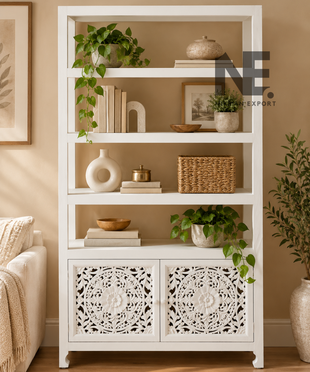White carved wooden bookcase with floral mandala cabinet doors
