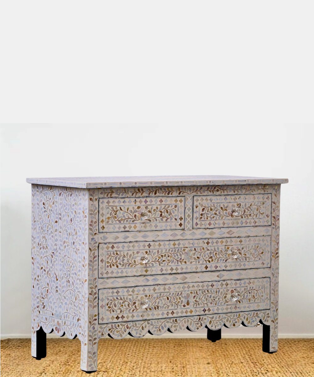 Niktan Export Mother Of Pearl 4 Chest of Drawers – Off White Floral Design, Handcrafted Elegance
