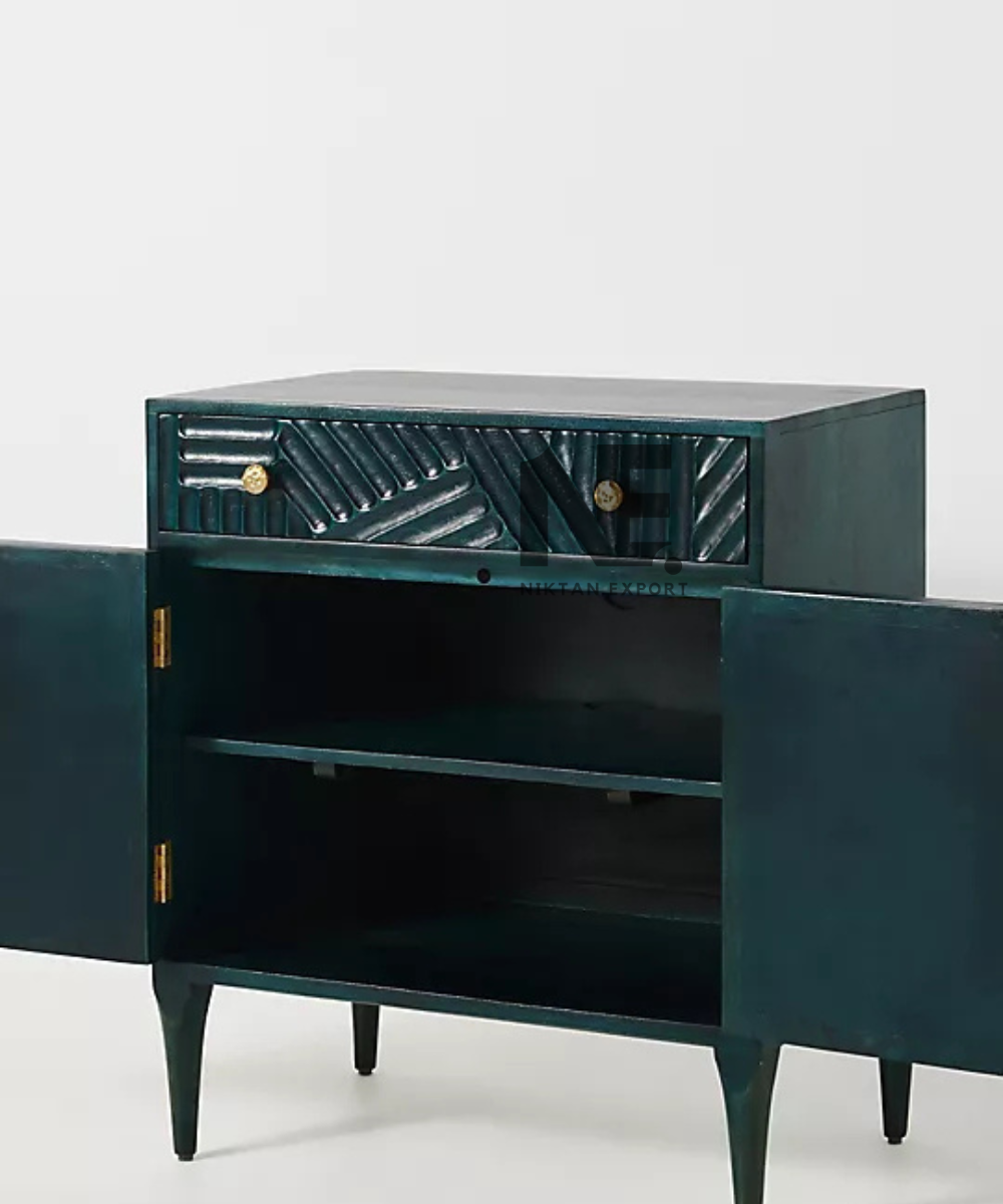Front view of deep blue decorative wooden storage cabinet