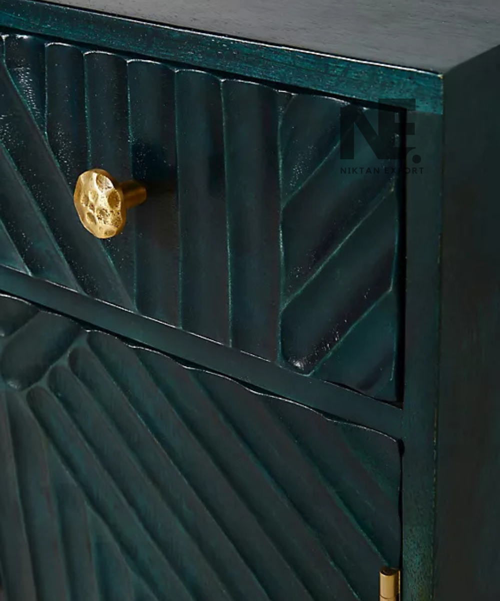 Navy blue cabinet with intricate floral carved doors