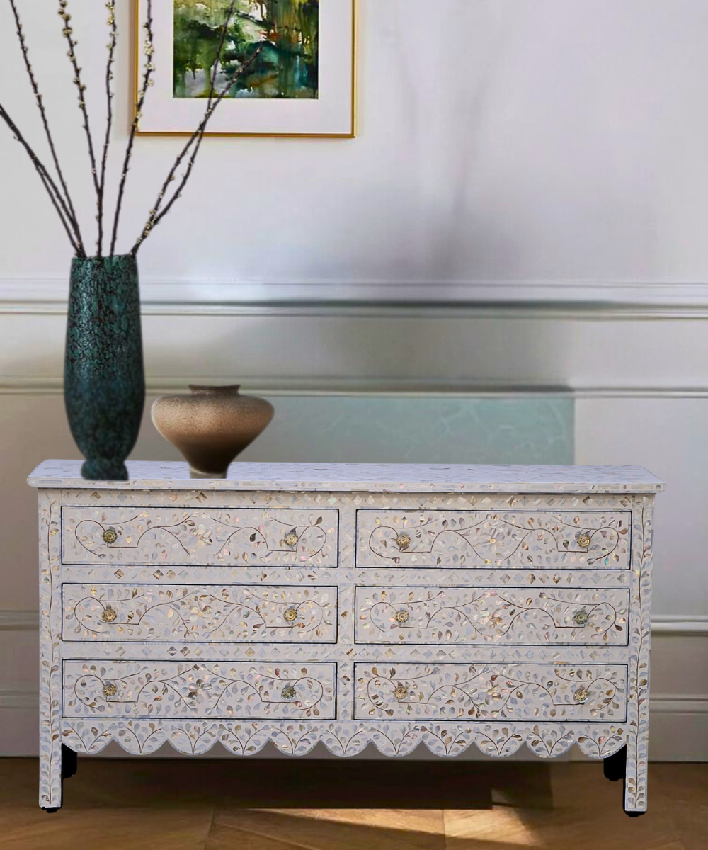 Niktan Export Mother of Pearl Chest of 6 Drawers – White Floral Design, Elegant Handcrafted Storage