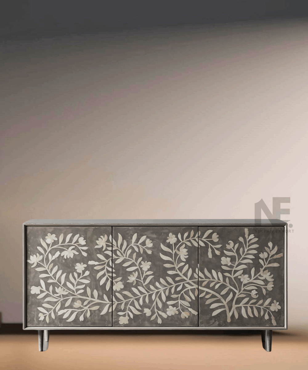 Front view of grey bone inlay media console with floral design