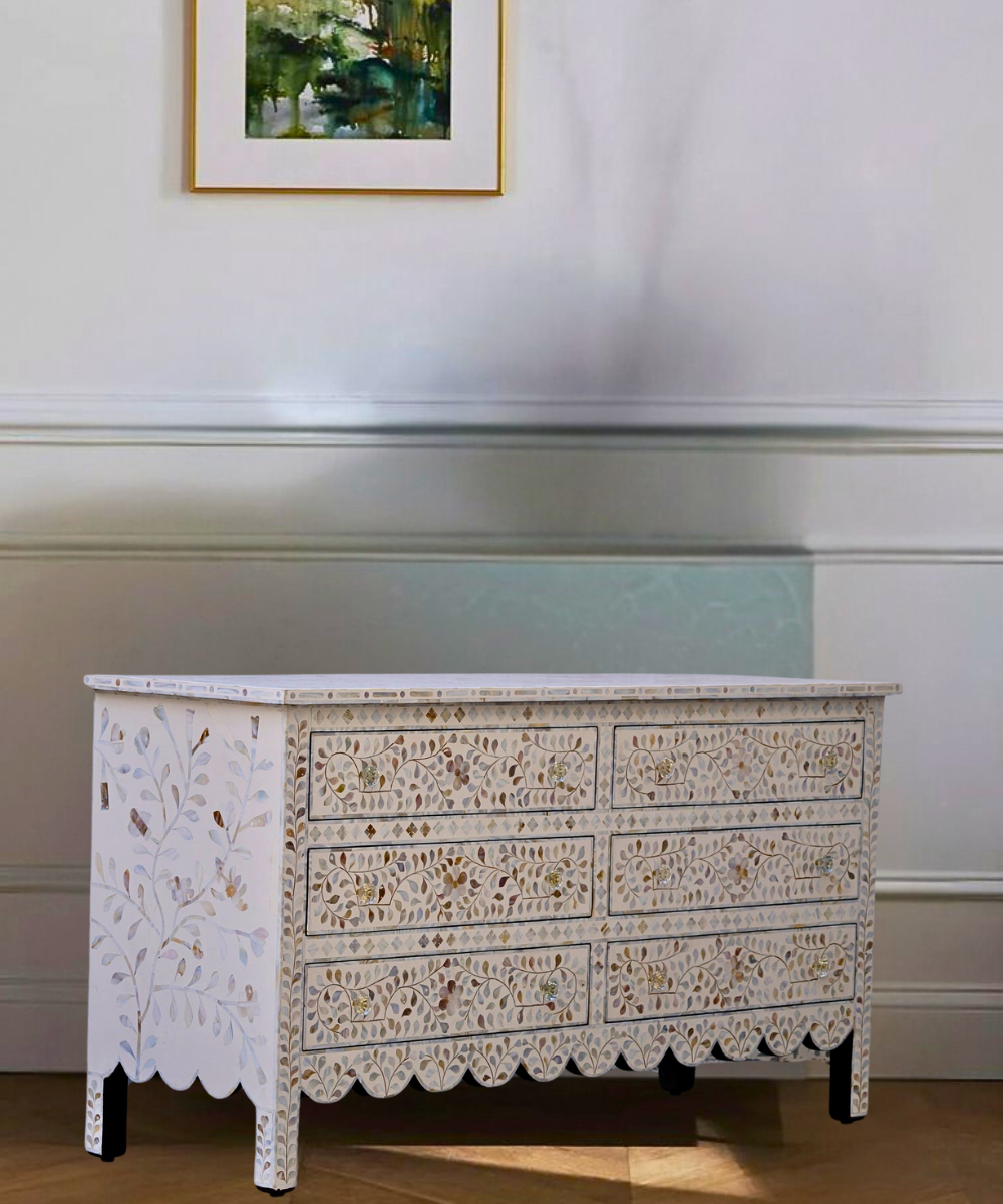 Niktan Export Mother of Pearl Chest of 6 Drawers – White Floral Design, Elegant Handcrafted Storage