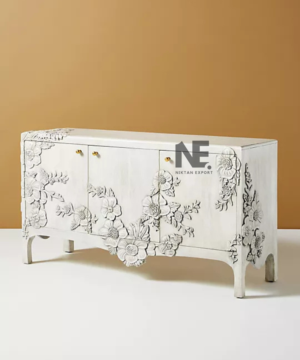 Front view of ivory carved sideboard with floral detailing