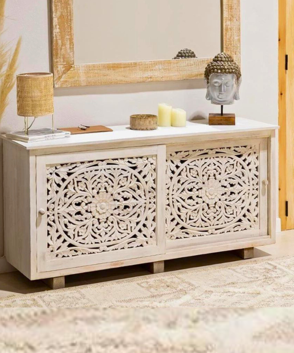 Front view of solid white wood sideboard with cabinets and drawers
