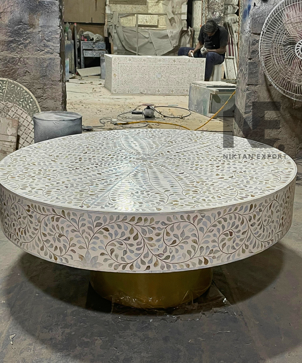 White Floral Mother of Pearl Round Coffee Table – front view
