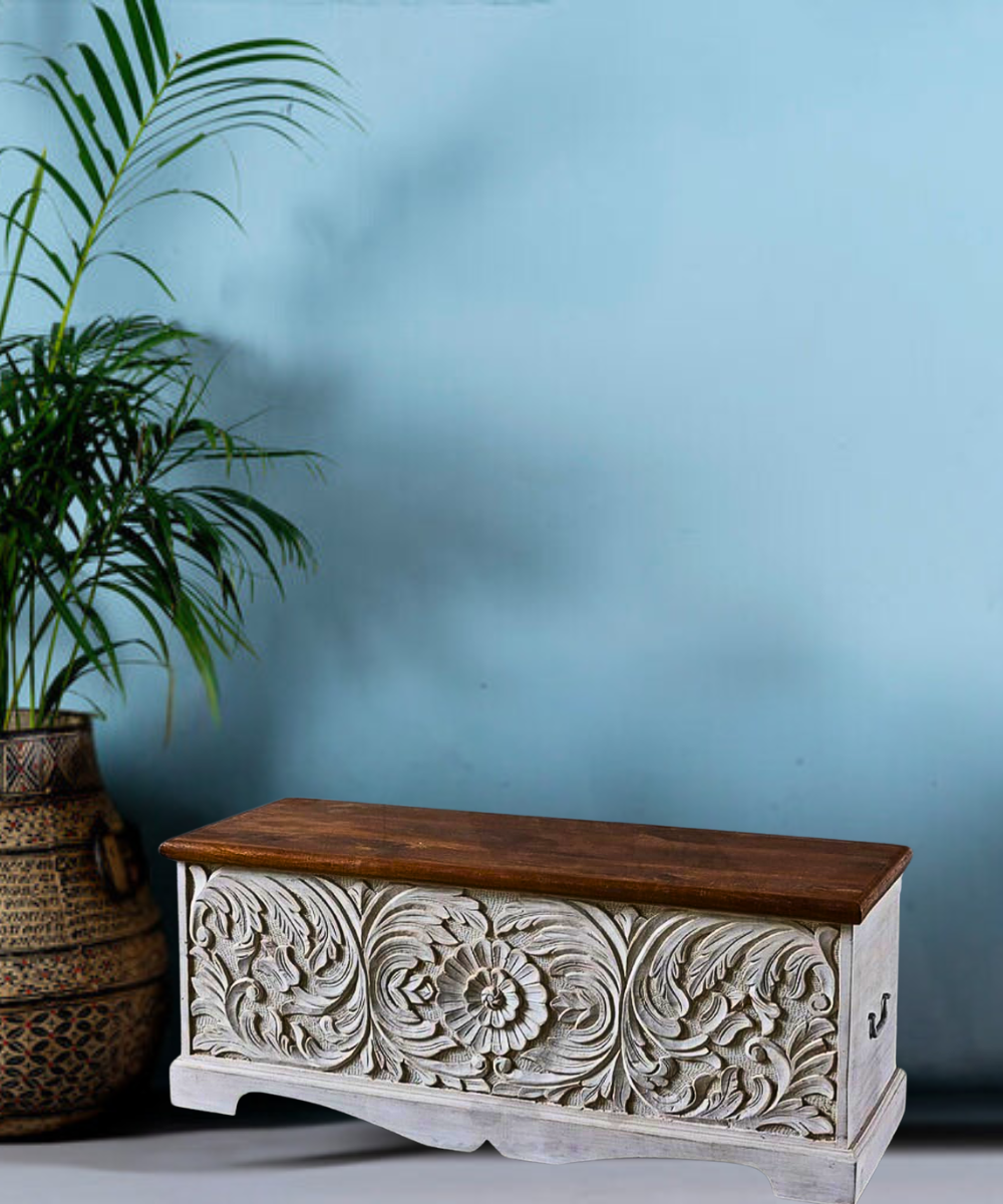 Handcarved Mango Wood Center Table – Elegant Floral Carvings