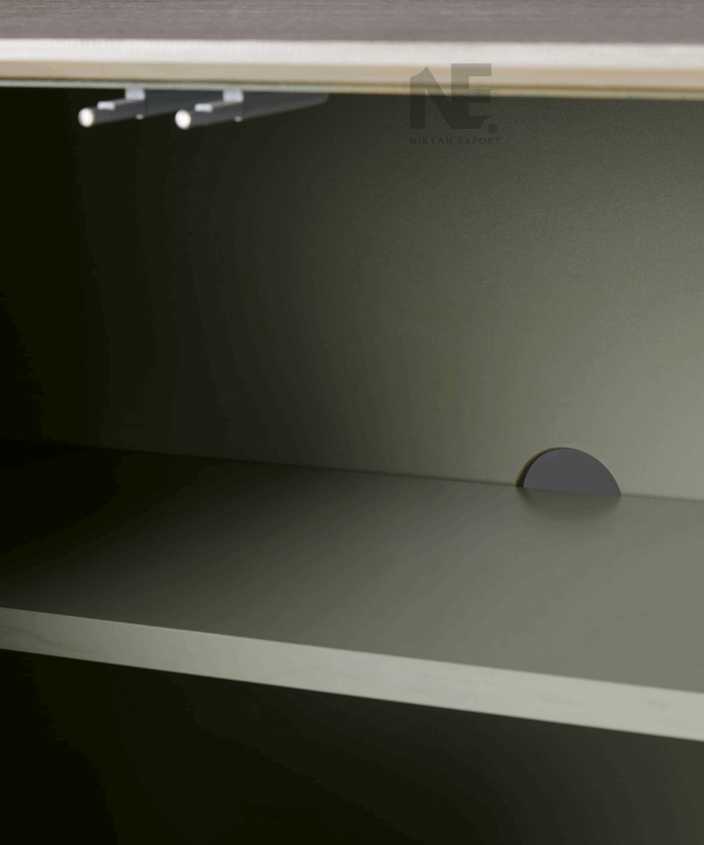 Top view showing smooth polished surface
Cabinet doors open with internal storage view