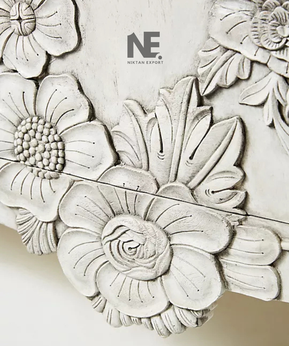 Three-door floral carved wooden storage cabinet