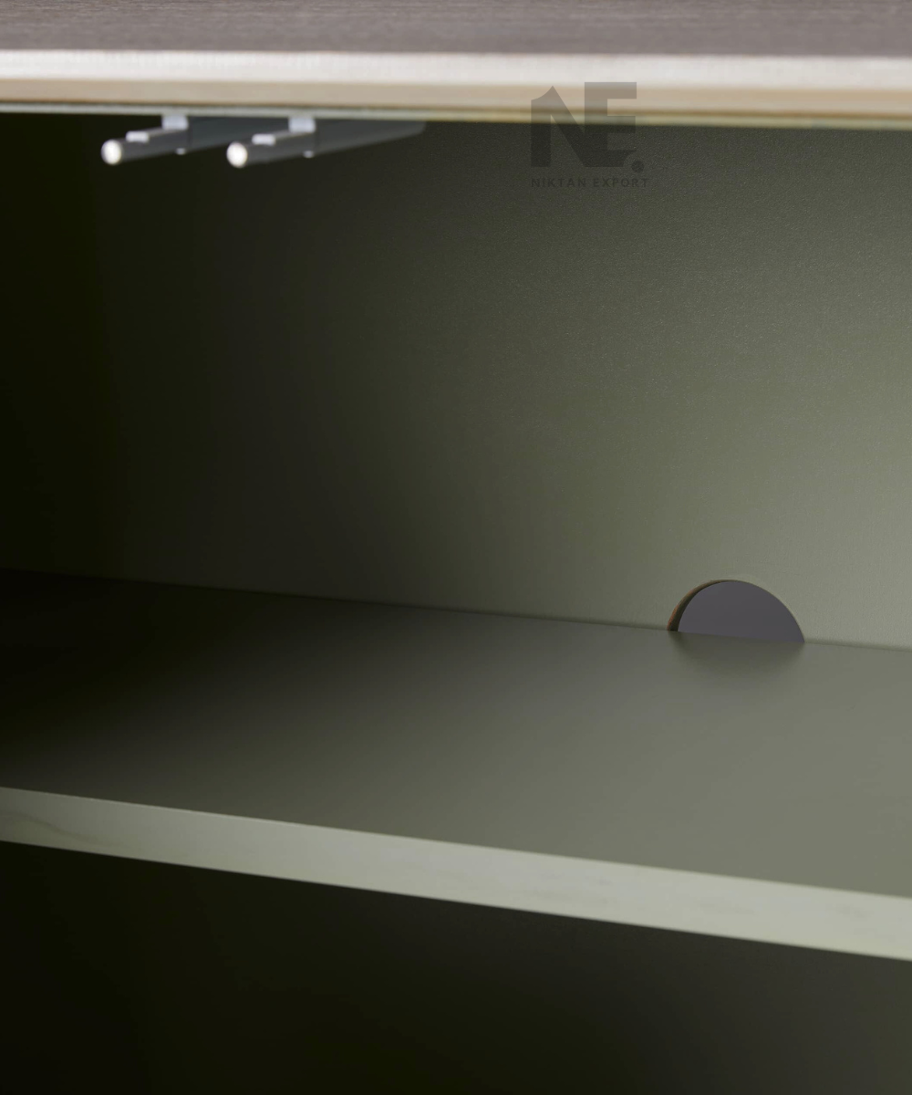 Top view showing smooth polished surface
Cabinet doors open with internal storage view