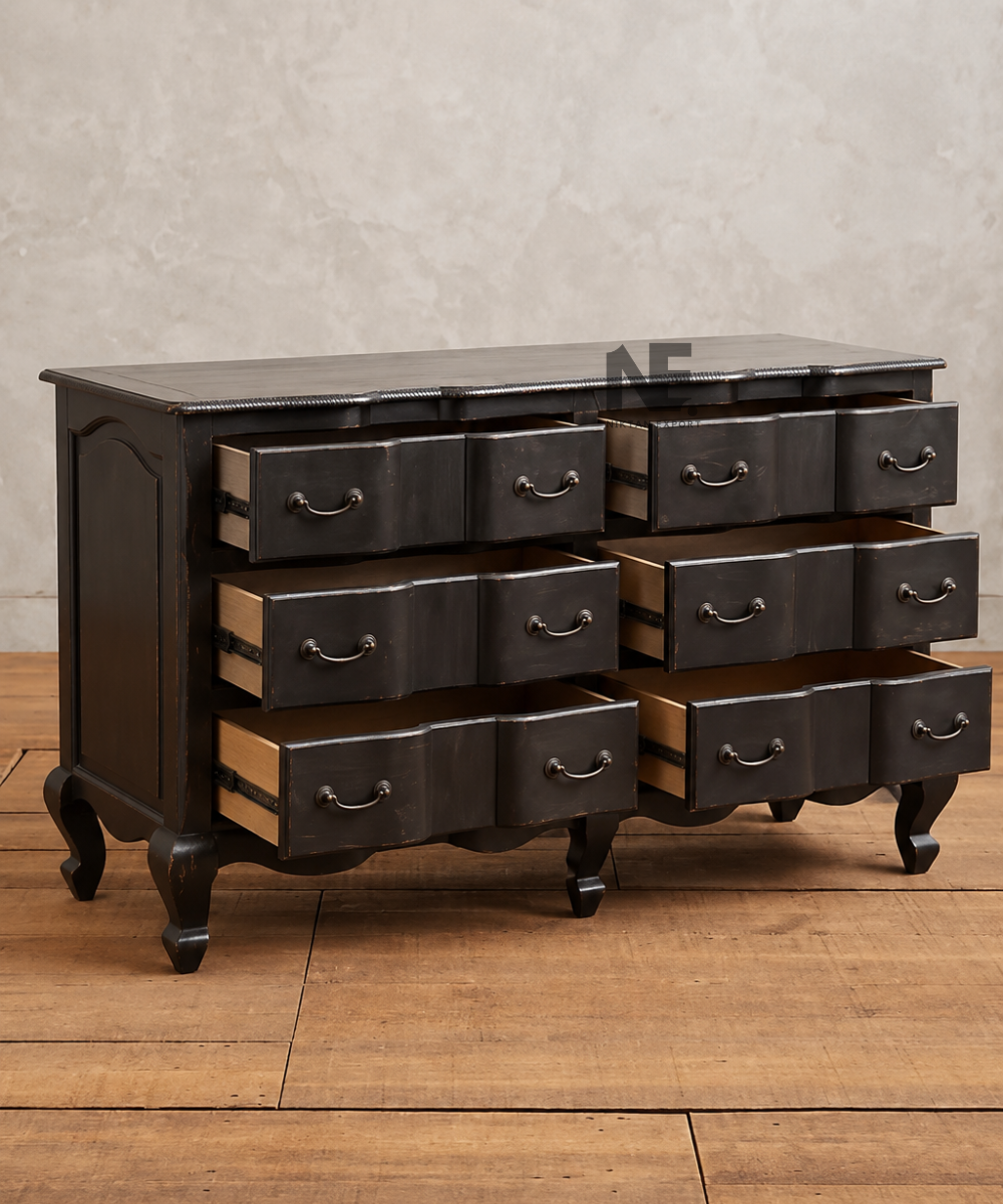 Traditional black dresser with curved decorative legs