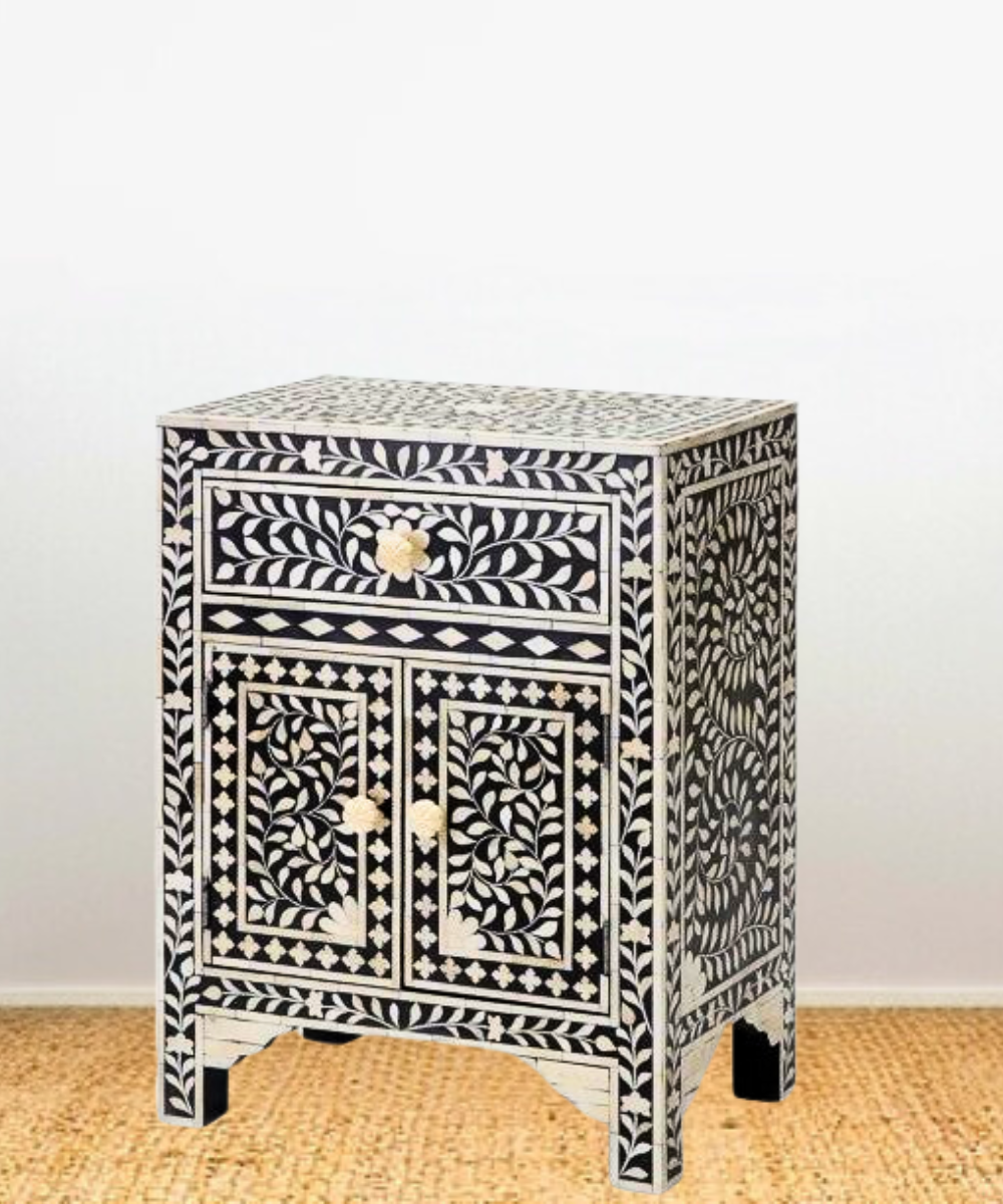 Niktan Export Handcrafted Bone Inlay Bedside Table – Black Floral Design