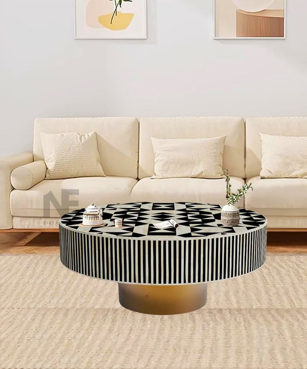 Black Bone Inlay Round Coffee Table – Full front view