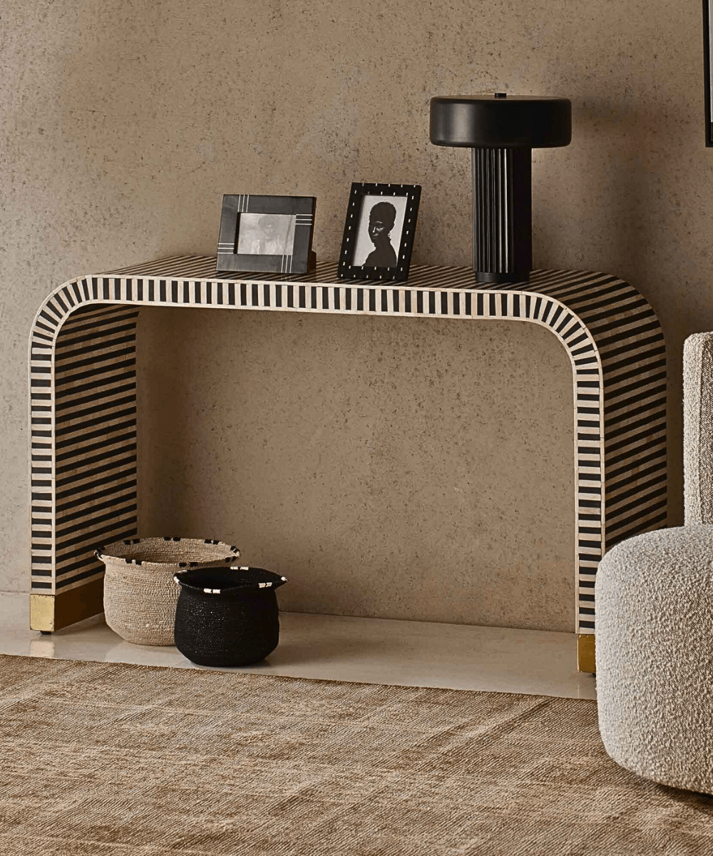 Niktan Export Bone Inlay Console Black Stripe - NikTan Export
Black and Natural Bone Inlay Console Table – Full View